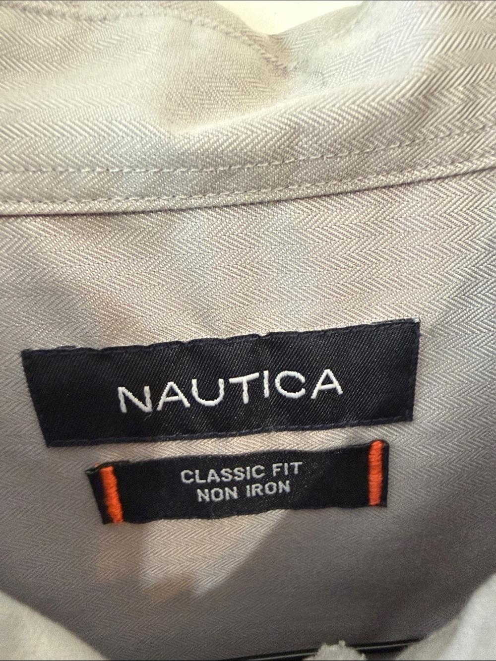 Nautica Light Gray Shirt with Navy Label and Orange Accents